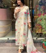 Offwhite organza digita print with thread zari embroidery work kurta pant set