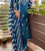 Ocean blue rayon slub thread embroidery work kurta pant set