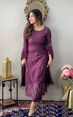 Wine rayon slub thread zari embroidery work kurta pant set 1