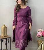 Wine rayon slub thread zari embroidery work kurta pant set