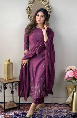 Wine rayon slub thread zari embroidery work kurta pant set 3