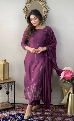 Wine rayon slub thread zari embroidery work kurta pant set 4