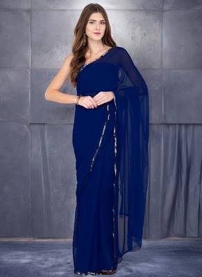 Women's navy blue plain chiffon saree with blouse 1