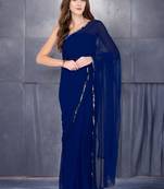 Women's navy blue plain chiffon saree with blouse