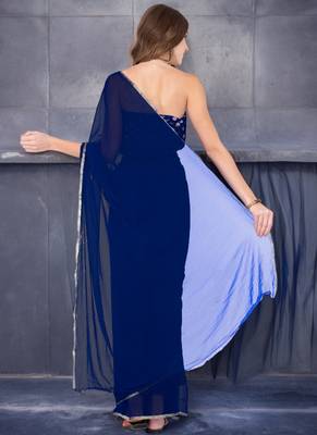 Women's navy blue plain chiffon saree with blouse 2