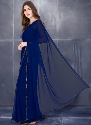 Women's navy blue plain chiffon saree with blouse 3