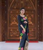 Women's Soft Litchi Silk Black Color Leaf Design Saree With Un-Stiched Blouse.