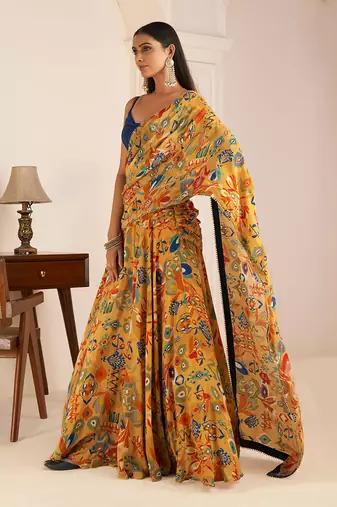Mustard Yellow Printed Lehenga Saree