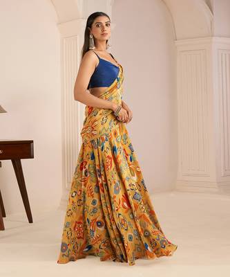 Mustard Yellow Printed Lehenga Saree 3
