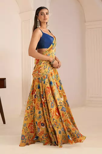 Mustard Yellow Printed Lehenga Saree