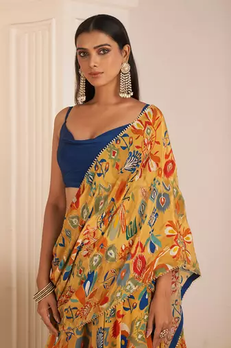 Mustard Yellow Printed Lehenga Saree