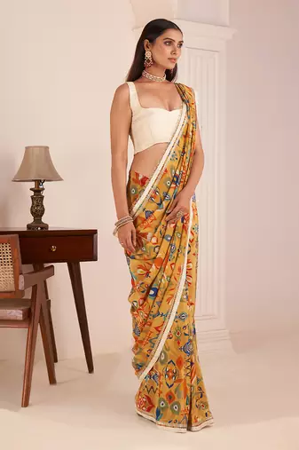 Mustard Yellow Printed Saree