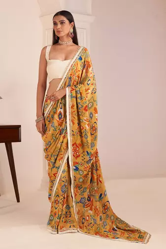 Mustard Yellow Printed Saree