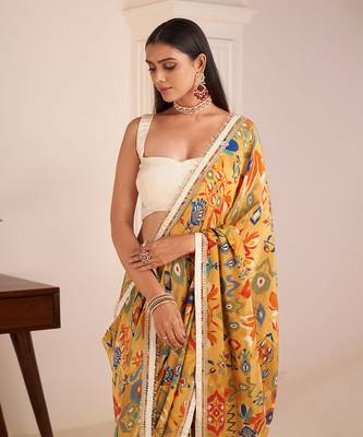 Mustard Yellow Printed Saree 4