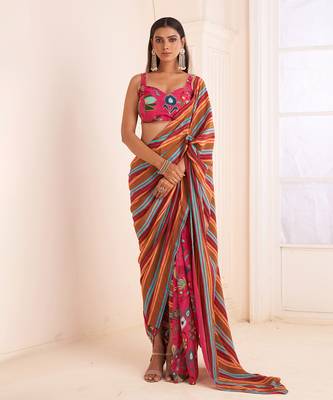 Pink Striped Pre Drape Saree 1
