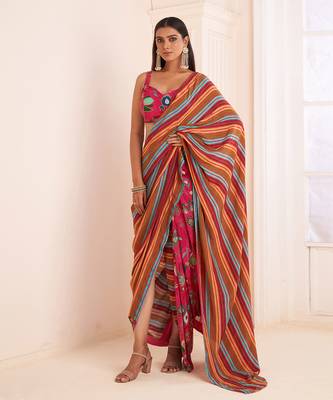 Pink Striped Pre Drape Saree 2