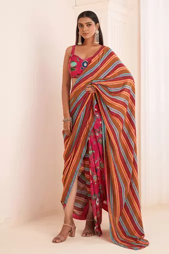 Pink Striped Pre Drape Saree