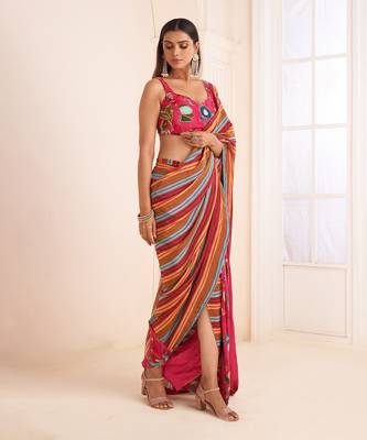Pink Striped Pre Drape Saree 3