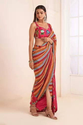Pink Striped Pre Drape Saree