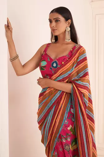Pink Striped Pre Drape Saree