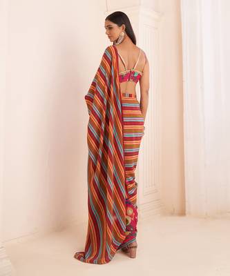 Pink Striped Pre Drape Saree 5