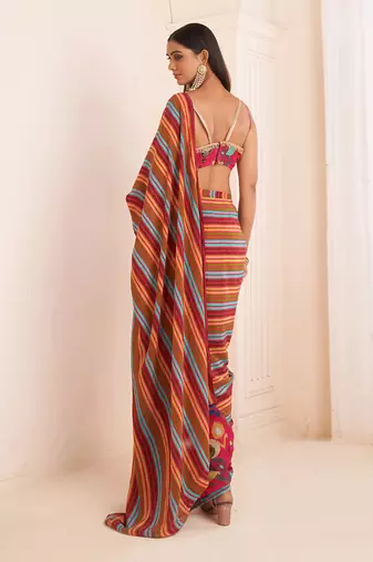 Pink Striped Pre Drape Saree