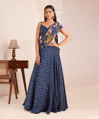 Royal Blue Embroidered & Printed Lehenga Saree Set 1