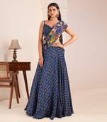 Royal Blue Embroidered & Printed Lehenga Saree Set