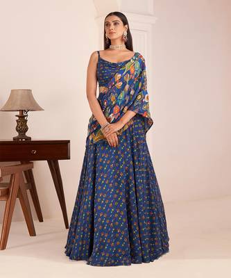 Royal Blue Embroidered & Printed Lehenga Saree Set 2