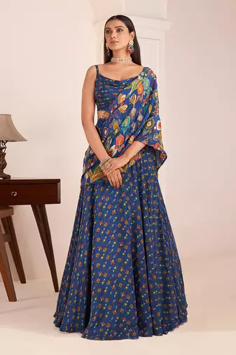 Royal Blue Embroidered & Printed Lehenga Saree Set