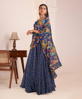 Royal Blue Embroidered & Printed Lehenga Saree Set 3
