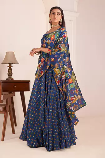 Royal Blue Embroidered & Printed Lehenga Saree Set