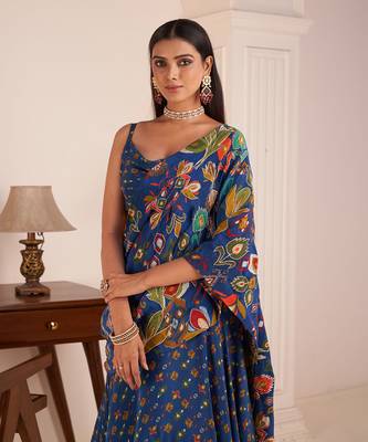 Royal Blue Embroidered & Printed Lehenga Saree Set 4