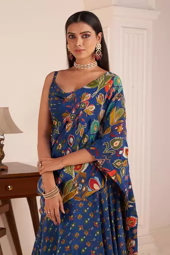 Royal Blue Embroidered & Printed Lehenga Saree Set