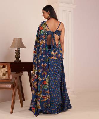 Royal Blue Embroidered & Printed Lehenga Saree Set 5