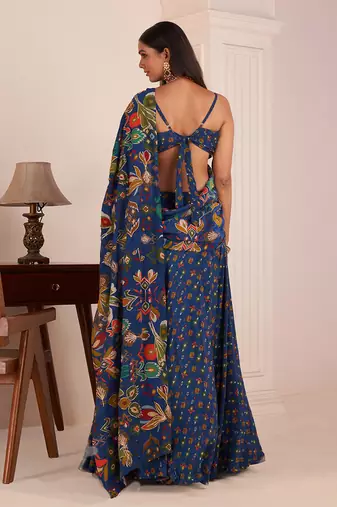 Royal Blue Embroidered & Printed Lehenga Saree Set