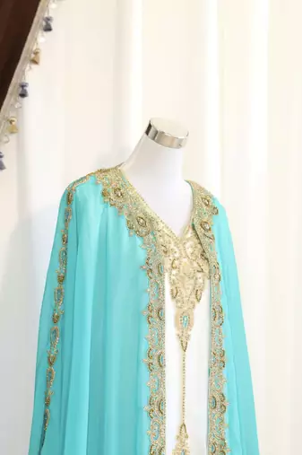 Sky-blue & White Handcrafted Zari work Stitched Dress Georgette Kaftan Party Wear Wedding Dresses