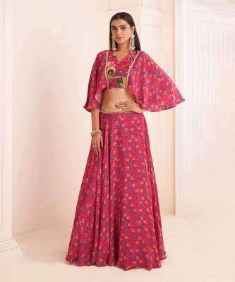 Pink Viscose Crepe Printed Lehenga Set 1