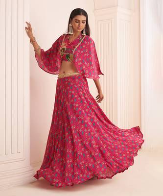 Pink Viscose Crepe Printed Lehenga Set 2