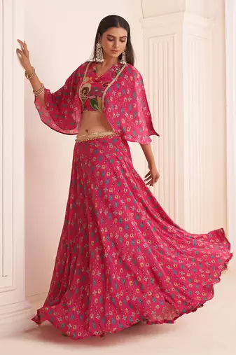 Pink Viscose Crepe Printed Lehenga Set
