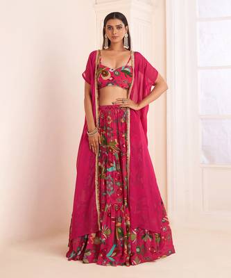 Pink Viscose Crepe Printed Lehenga Set 1