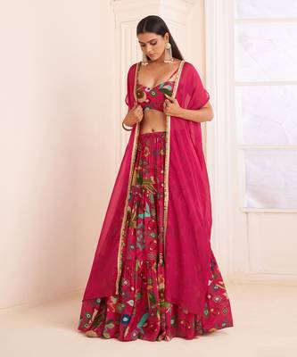 Pink Viscose Crepe Printed Lehenga Set 2