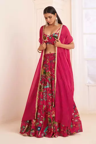 Pink Viscose Crepe Printed Lehenga Set