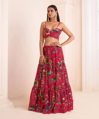 Pink Viscose Crepe Printed Lehenga Set 3
