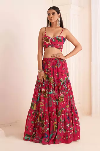 Pink Viscose Crepe Printed Lehenga Set
