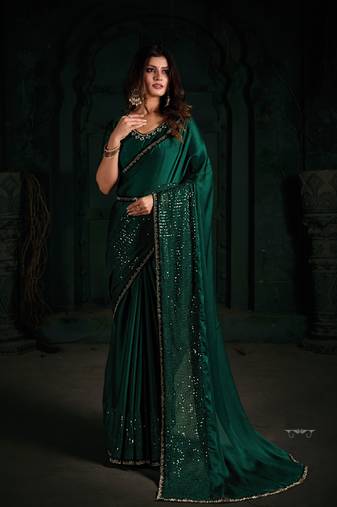 Green hand work sequins zarkan border chiffon silk saree