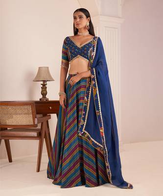 Blue Viscose Crepe Printed Lehenga Set 1
