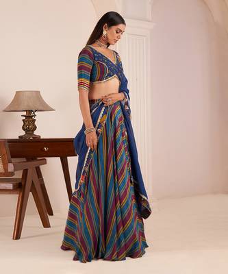 Blue Viscose Crepe Printed Lehenga Set 2