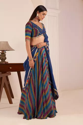Blue Viscose Crepe Printed Lehenga Set