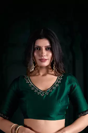 Green hand work sequins zarkan border chiffon silk saree